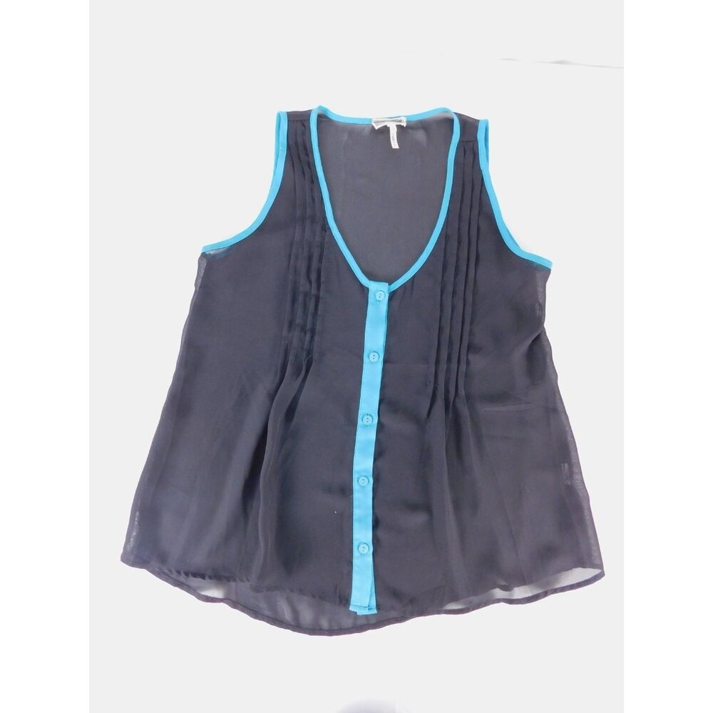 Kirra Blouse Juniors Small Black Sheer V Neck Button Front Pleated Tank Top